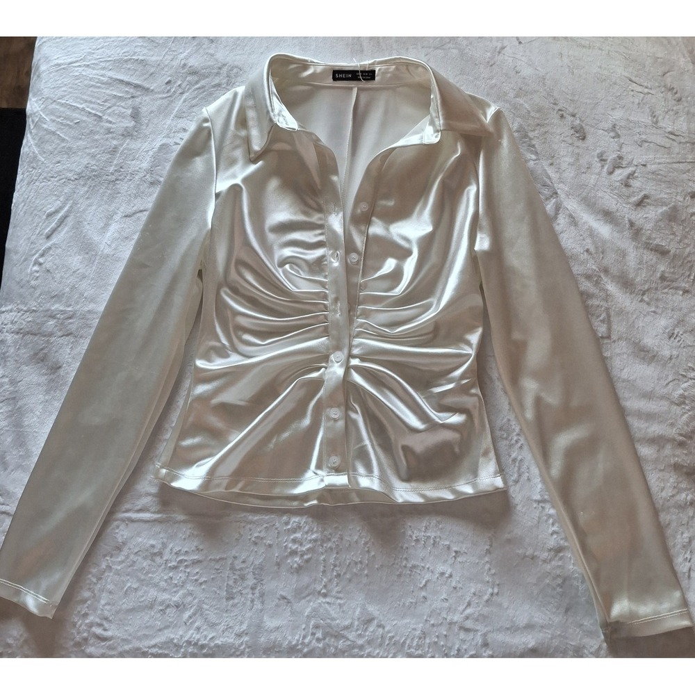 SHEIN SXY Ivory Satin Ruched Button-Up Collared Long Sleeve Blouse Size M